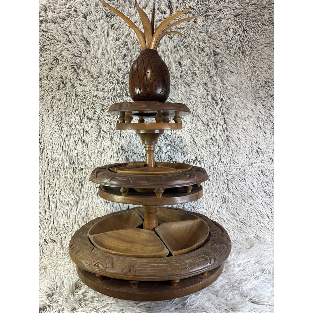 Teak Hand Carved 3 Tier Lazy Susan Pineapple Server Hawaiian Monkey Pod vintage